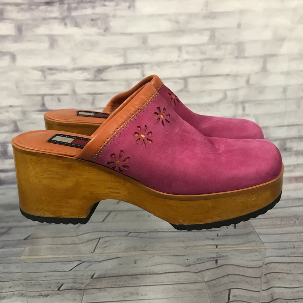 Tommy Hilfiger Wood Clogs Suede Leather Mules